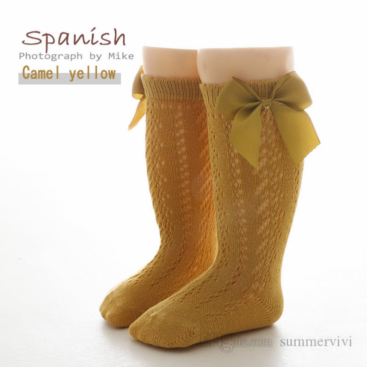 

INS Girls hollow crochet sock baby ribbon Bows soft breathable princess socks toddler kids cotton knitted knee high legs Q0536, Pink