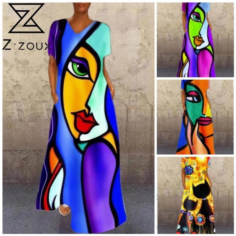 

Women Dress V Neck Short Sleeve Print Maxi es Retro Multi Color Long Summer Plus Size Ladies es 210524