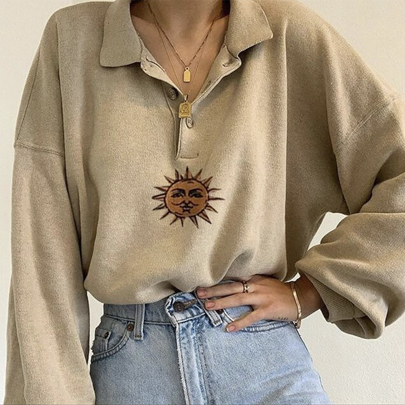 

2021 Apricot Vintage Sun Embroidered Polo Collar Oversized Sweatshirt Women Girls New Preppy Style Casual Streetwear Brand Fashion Dvxr