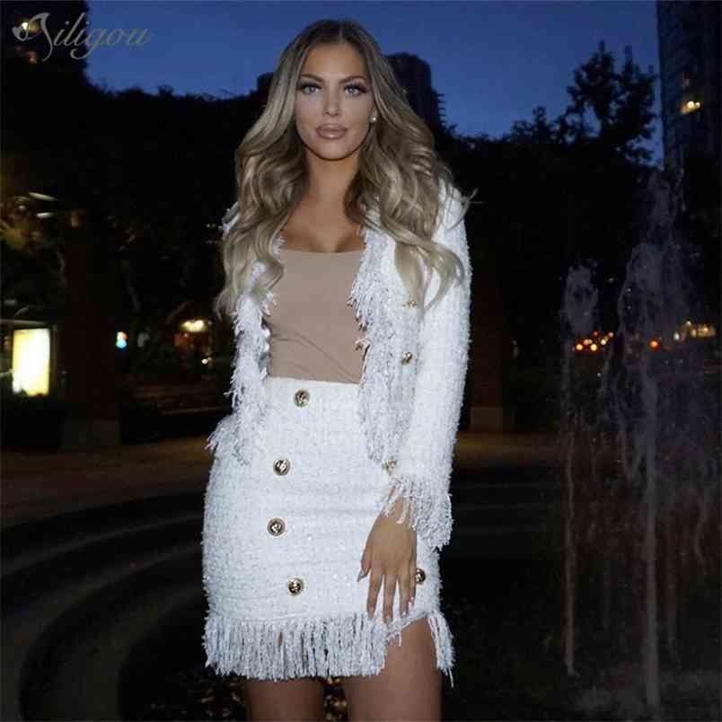 

Summer Women' Tweed Fringed 2 Piece Sexy Long Sleeve V-Neck Button Coat + Short Skirt Vestidos Party Suit 210525, White