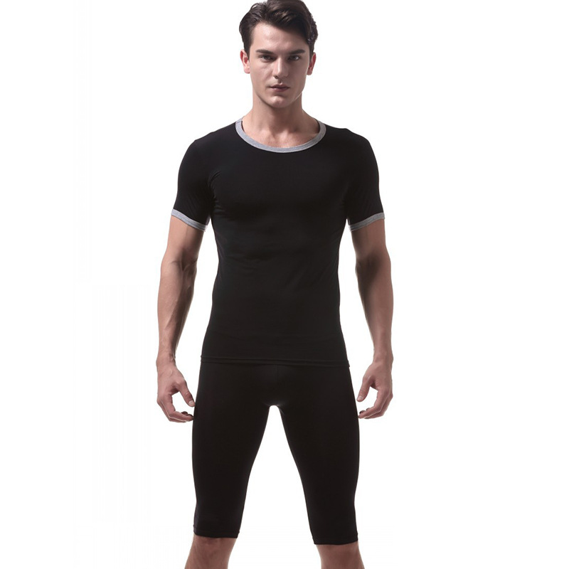 

Black Sexy Men's underwear Ice silky sleepwear twinset Pajamas Set loungewear short sleeve tops and boxer shorts #VS007DTZ