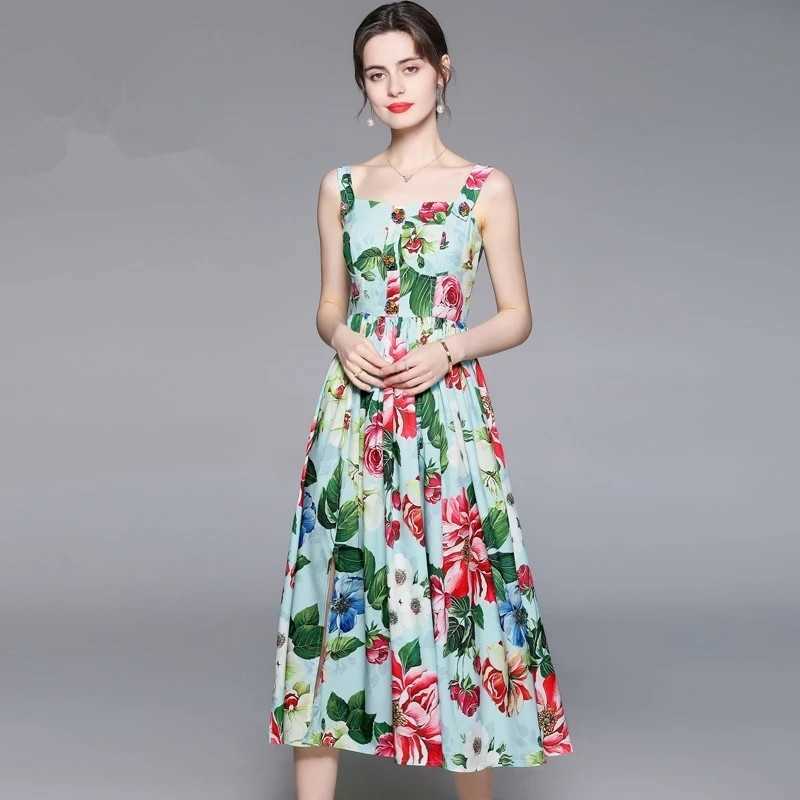 

ZAWFL Fashion Runway Summer Dress Women's Bow Spaghetti Strap Backless Porcelain Floral Print Long 210525, Picture color