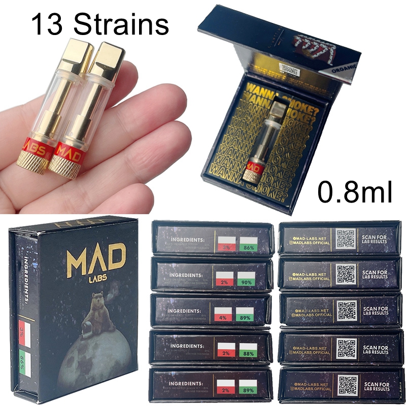 

Mad Labs Atomizers Vape Cartridges Packaging 0.8ml 510 Ceramic Cartridge Carts Empty Thick Oil Dab Pen Wax Vaporizer E Cigarettes 13 Strains