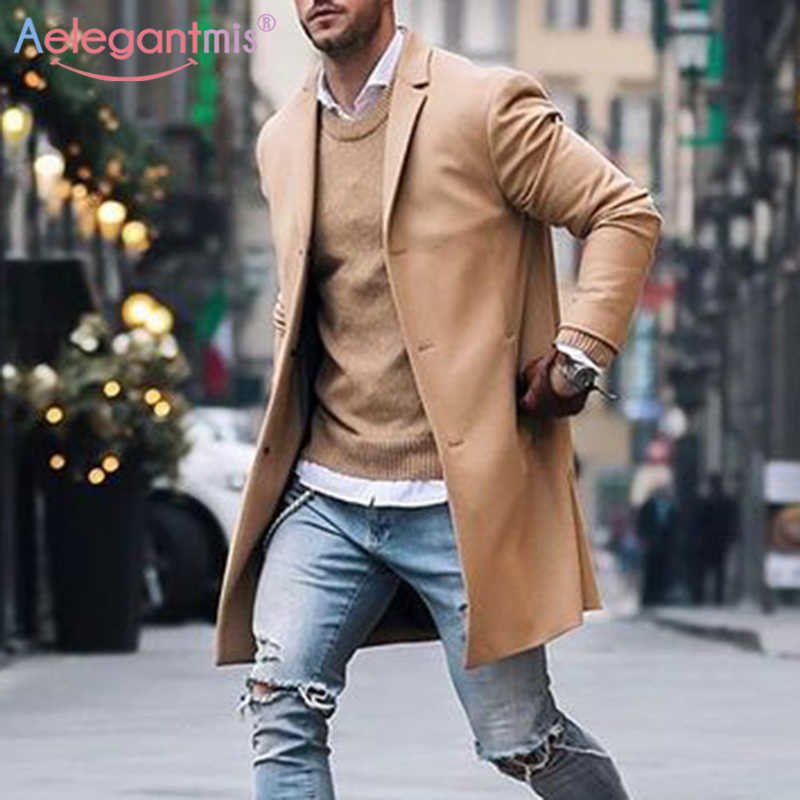 

Aelegantmis M-5XL Plus Size Men Fashion Trench Coat Casual Long Jacket Coats Men's Windbreaker Male Solid Color Outwear Overcoat 210607, Khaki