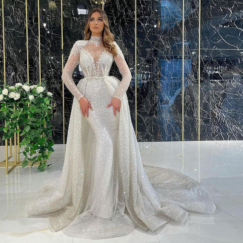 

Sparking Sequined Long Sleeves Mermaid Evening Dresses with Detachable Train High Neck Backless Formal Prom Gowns, Daffodil