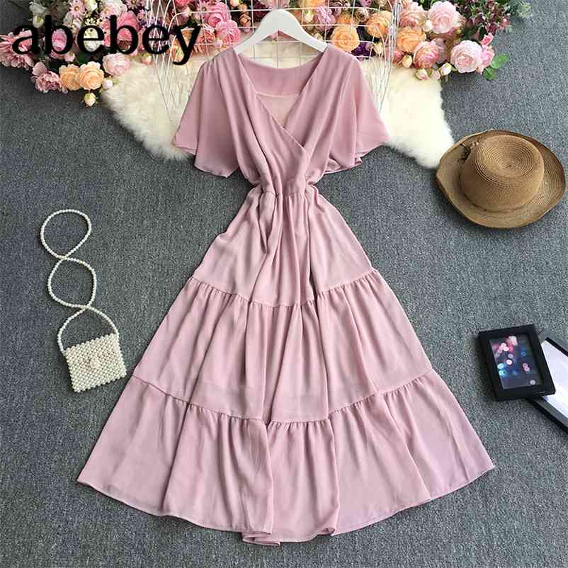 

Summer Temperament V-neck short sleeve Dress high waist pleated Ruffles patchwork solid mid-length A-line Dress 210715, Dark pink