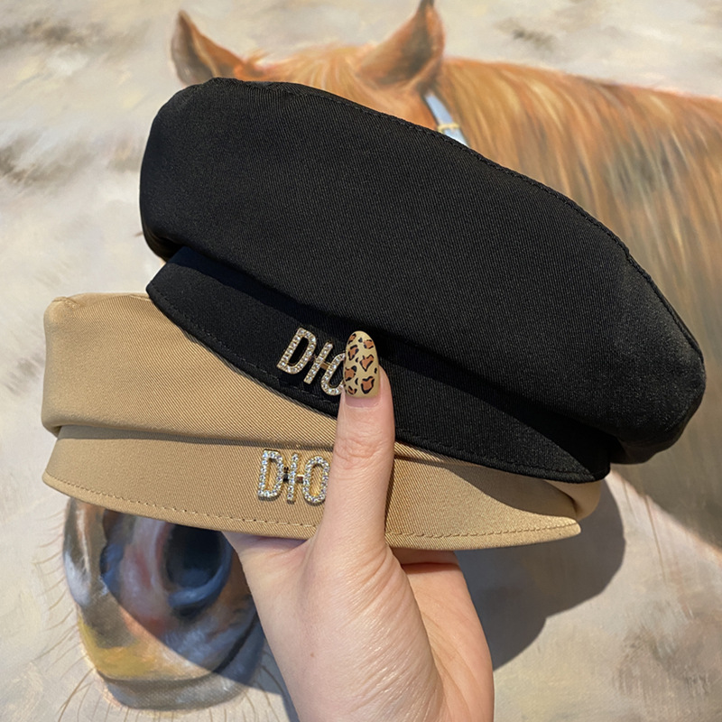 

Designer cap Wind d family Beret female summer version Khaki black painter leisure letter Rhinestone octagonal hat