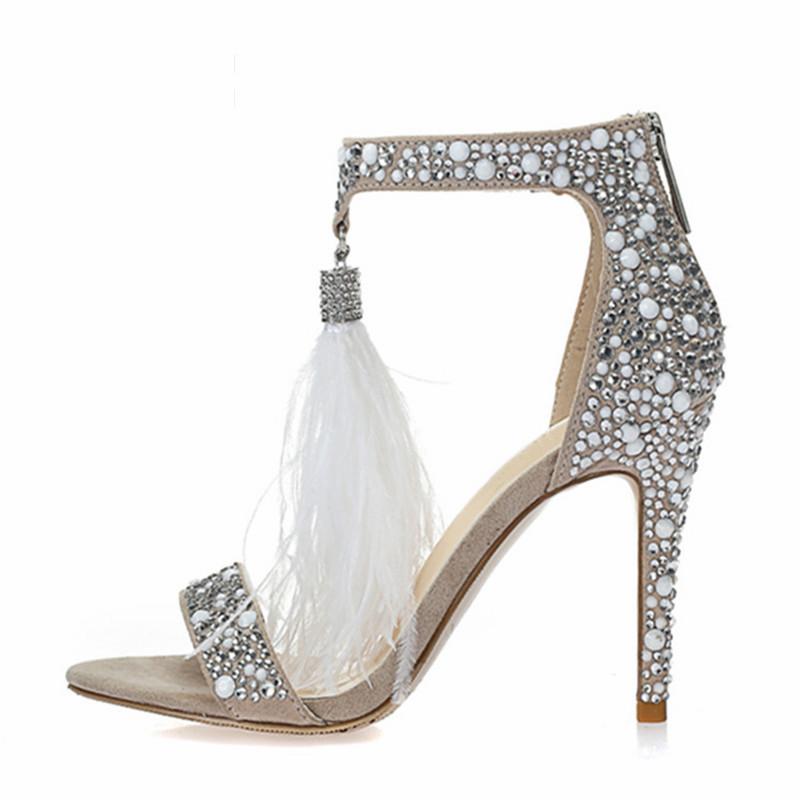 

Full Rhinestone Women Gladiator Sandals Fringed High Heels Ankle Strap Summer Sandal Female Wedding Dress Shoes, 10cm heel