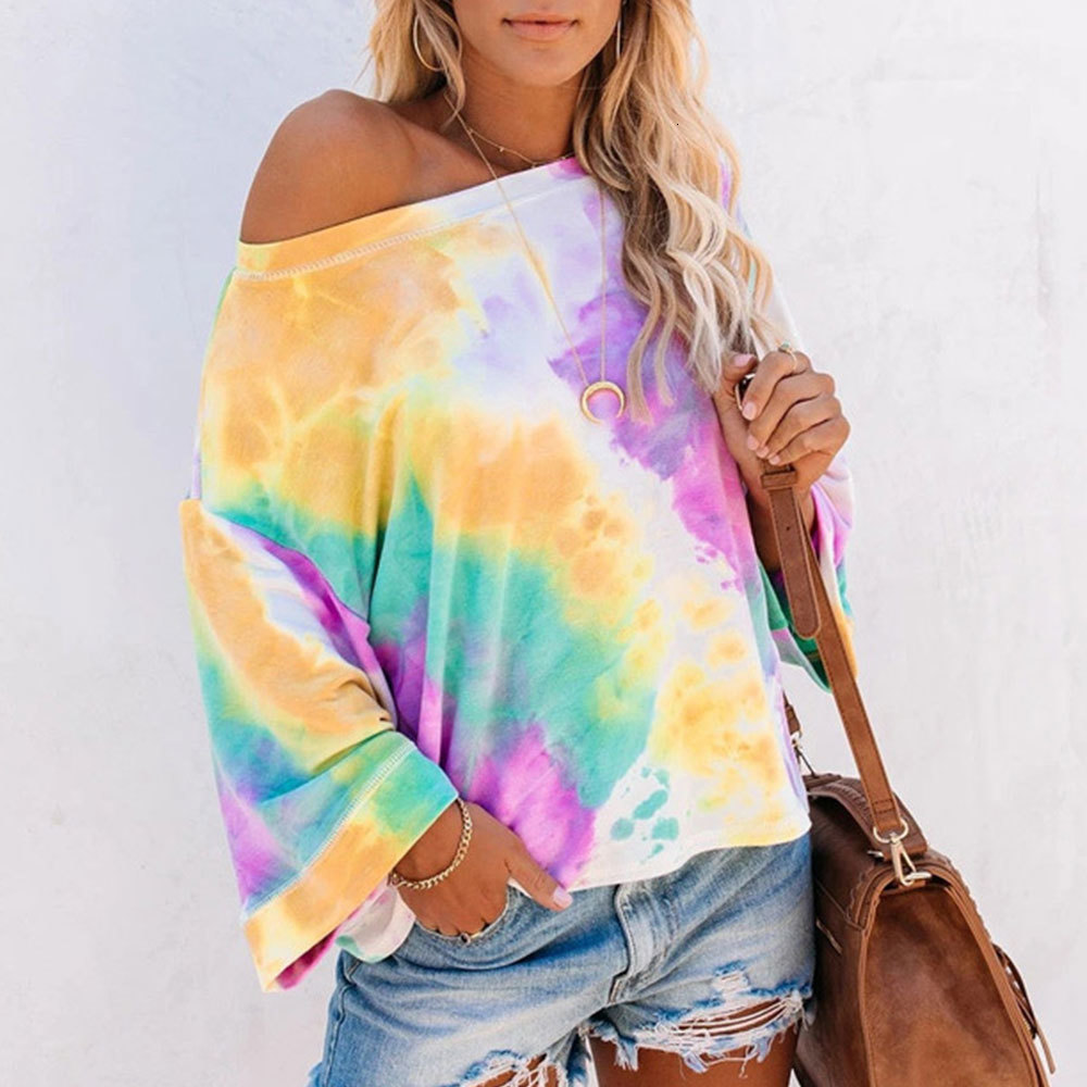 

2021 New Fashion Long Sleeve o Neck Tie-dye Print Loose t Elegant Colorful Tee Shirt Vintage Hip Hop Tshirt Streetwear 4hjs, Multi