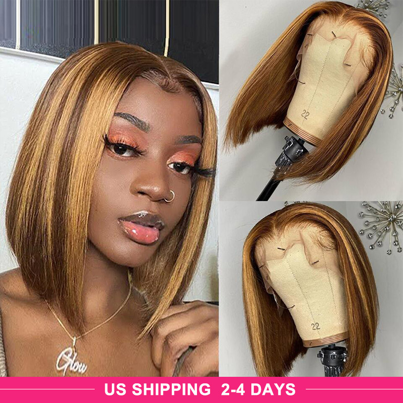 

Allove Highlights 4/27 Ombre Straight Bob 4x4 Lace Closure Human Hair Wigs Natural Color human hair lace front wigs Pre-Plucked, Indian hair