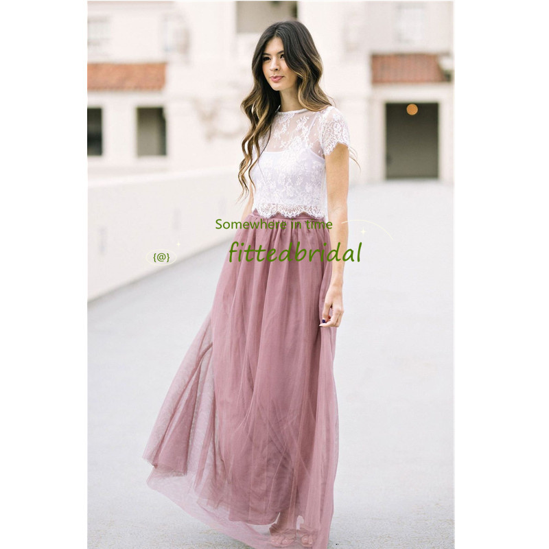 

2021 Custom Online A Line Two Pieces Long Bridesmaid Dresses Lace Top Elegnat Beach Wedding Party Prom gowns Honor Of Maid Vestidos