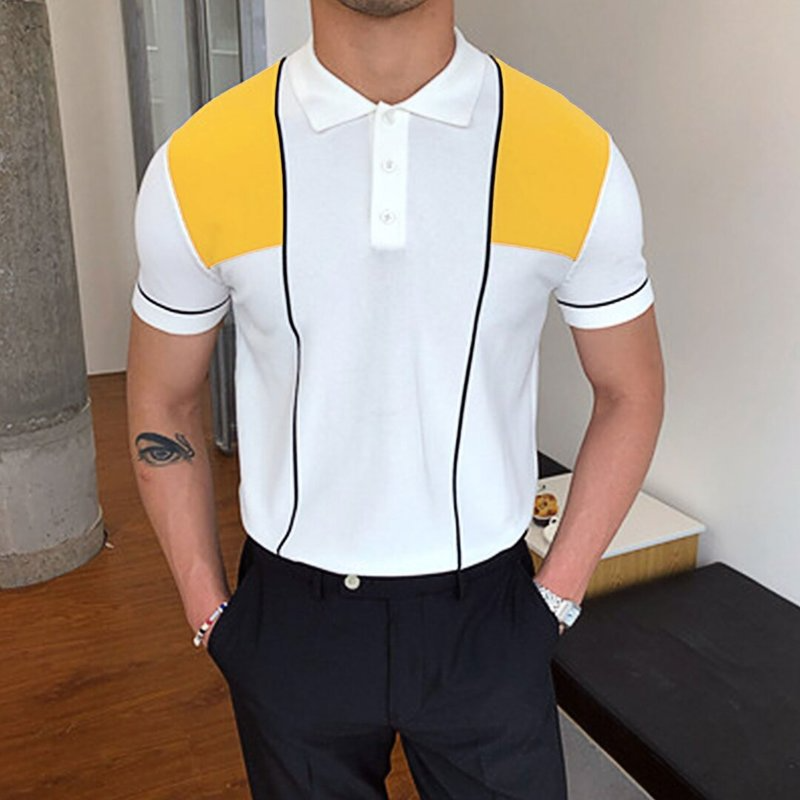 

Golden Striped Men  Street Polo Shirt High Quality Comfortable Classic Fashion Daily Travel Work Party, White