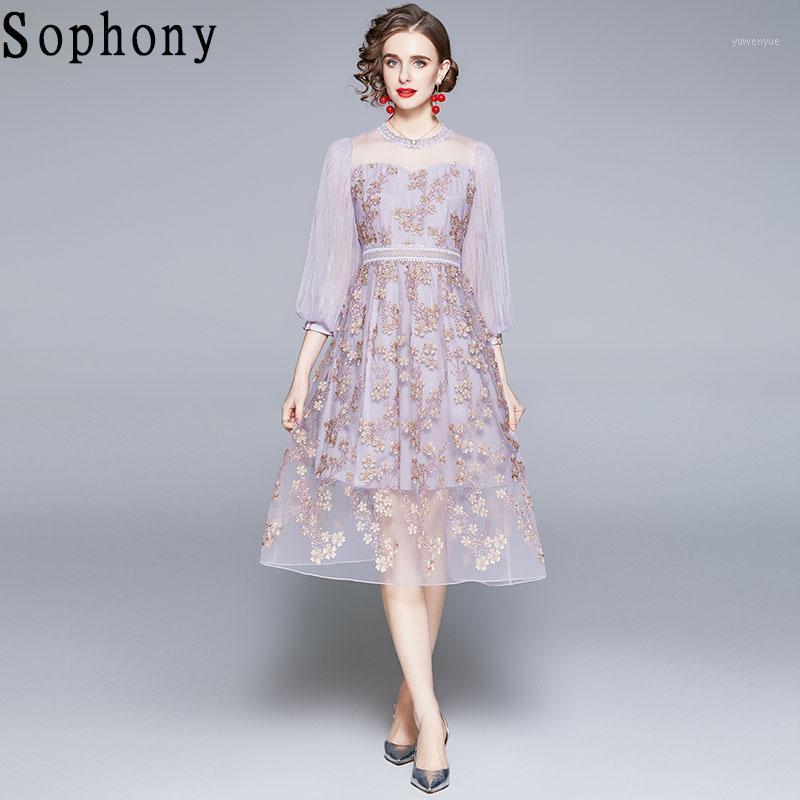 

Casual Dresses Sophony Runway Flower Embroidery Mesh Dress Spring Autumn Women O-Neck 3/4 Lantern Sleeve Elegant Lace Stitching Midi, Purple