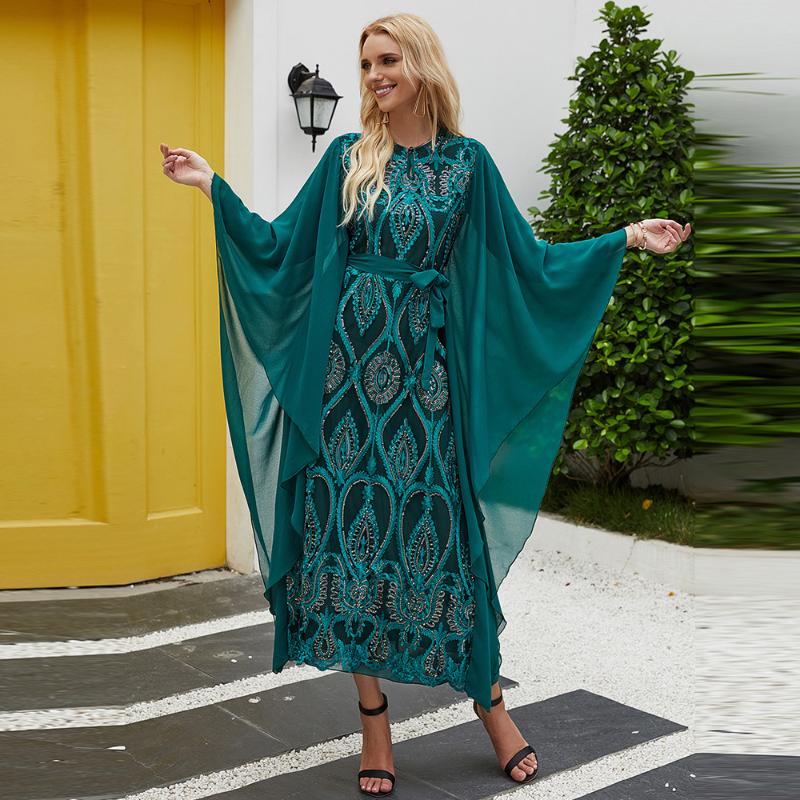 

Casual Dresses Wepbel Muslim Evening Maxi Dress Phoenix-Tail Embroidered Abaya Arab Middle East Turkish Robe High Waist Green Islamce Clothi