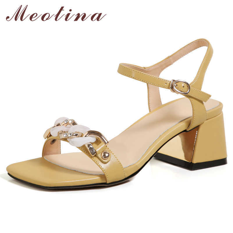 

Meotina Women Shoes Genuine Leather Sandals Chain High Heel Sandals Square Toe Shoes Thick Heel Ladies Footwear Summer Yellow 210608, Beige