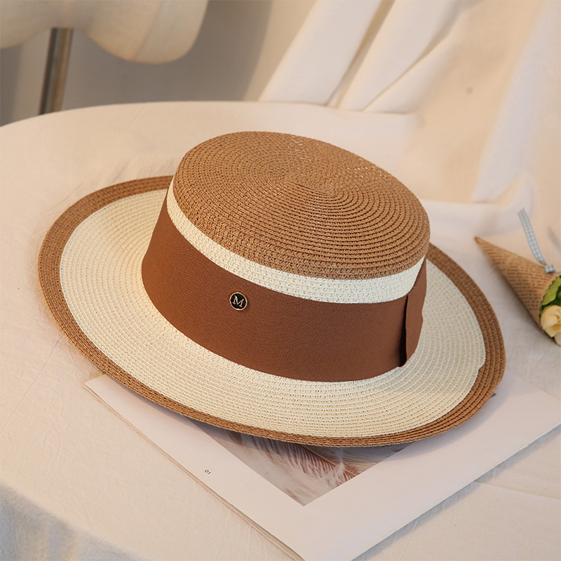 

Summer Elegant Retro Women Flat Top St Hat Trip Caps Leisure Beach Sun Hats M Letter Breathable Flower Beach Hatg, Black brim white