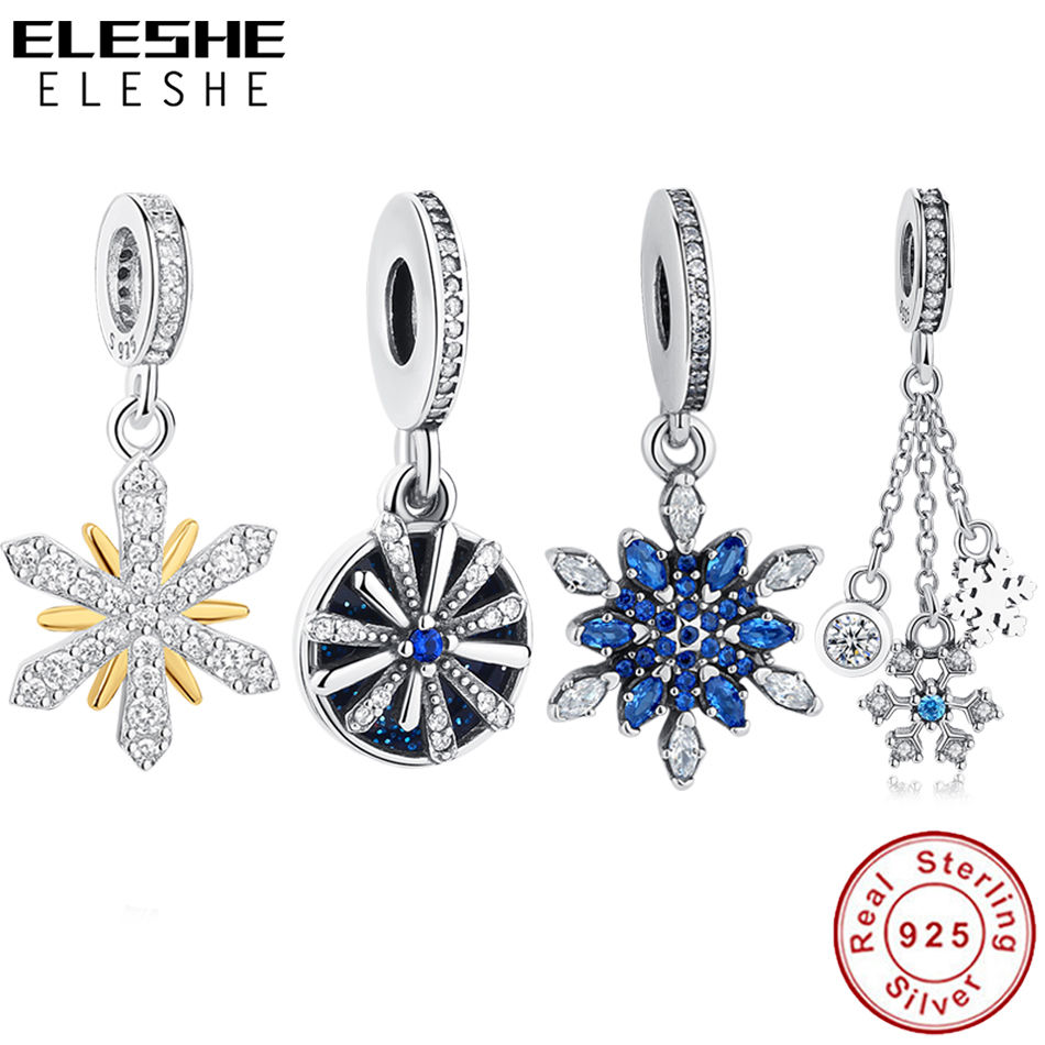 

ELESHE 925 Sterling Silver Charm Snowflake Flower Pendant Beads Fit Original Charms Bracelets DIY Jewelry Christmas Gift Q0531