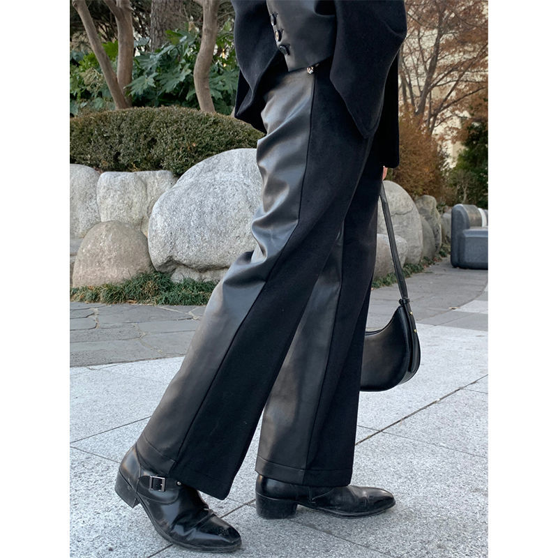 

2021 New Black Men's Fashion Casual Wide-leg Pants Men Streetwear Hip-hop Straight Leather Trousers Mens Aq93
