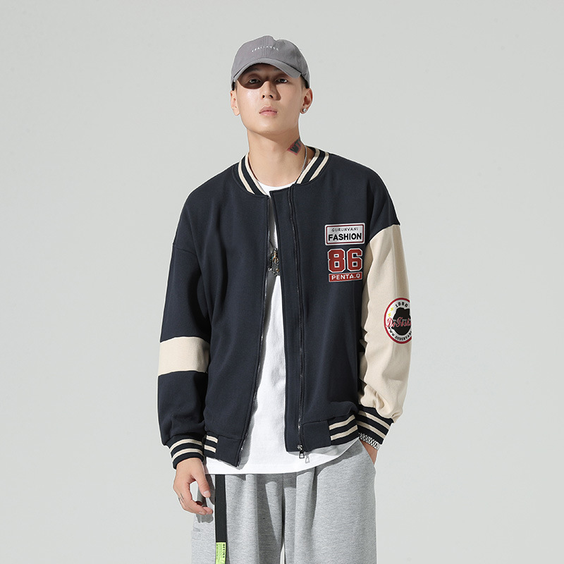 

men's jackets spring autumn american casual street baseball mens korean loose letter print couple color contrast patchwork coat nq, Black;brown