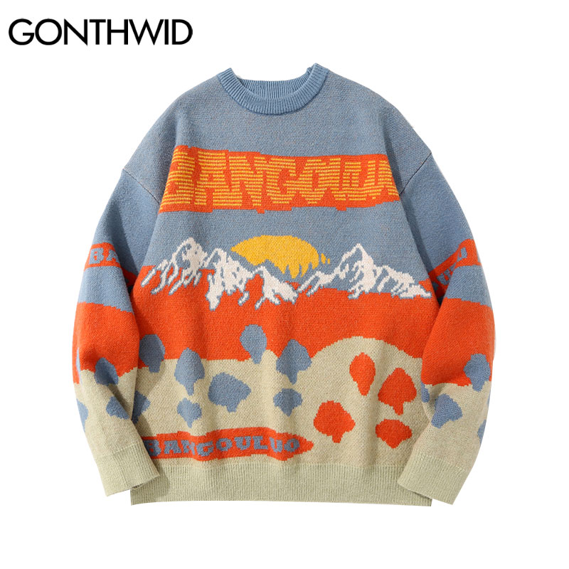 

Hip Hop Knitted Sweater Streetwear Vintage Mountain Patchwork Korean Sweater 2021 Mens Harajuku Fashion Casual Thi Sweaters, Blue