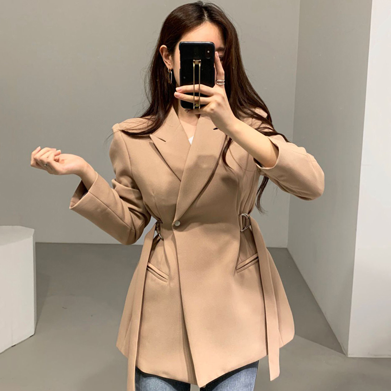 

Temperament lapel slim slimming side buckle lace design sense long-sleeved suit jacket women, Black;brown