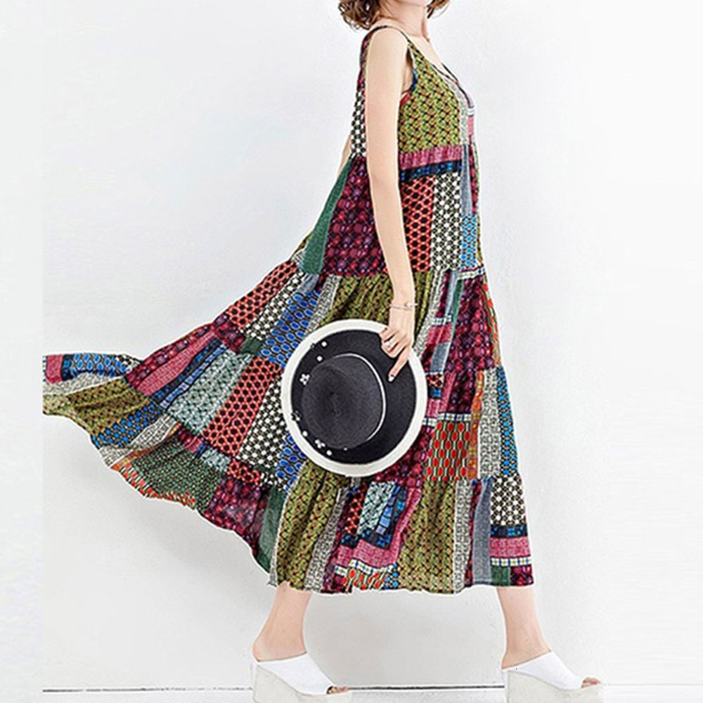 

2021 New Summer Vintage Pattern Loose Midi Elegant Bohemian Maxi Casual Sleeveless Beach Party Sun 42ye, As photo