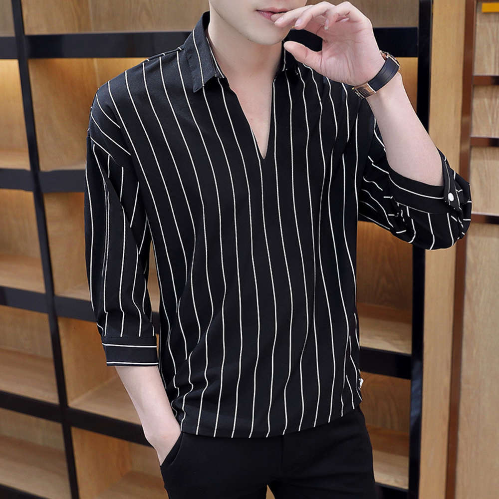 

20 summer new 7-point-sleeve ice silk shirt handsome printing Korean men's fashion, White;black