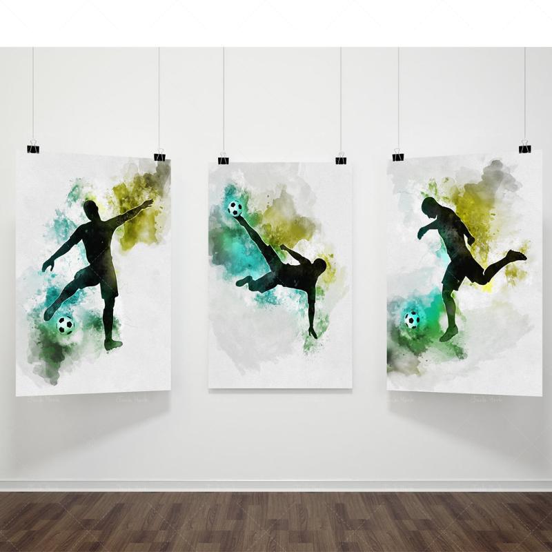 

Paintings Soccer Triple Print Football Sport Poster Players With Ball, Gift Idea For Boyfriend, Valentines Watercolor Wall Art D