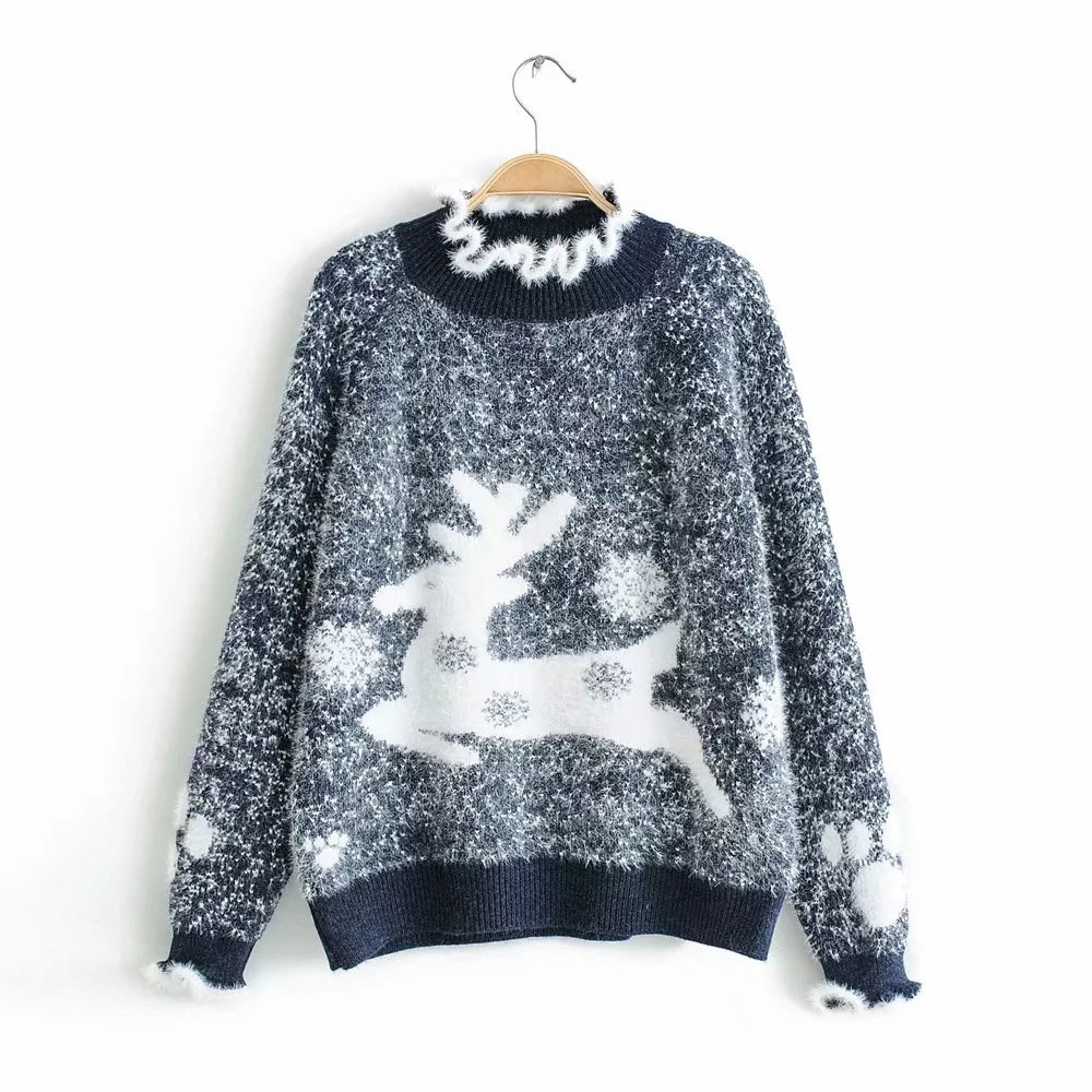 

2021 Women Loose Christmas Long Sleeve Turtleneck Deer Printing New Year Sweater Casual Ruffles Pullover Jumpers Zuf6, Red