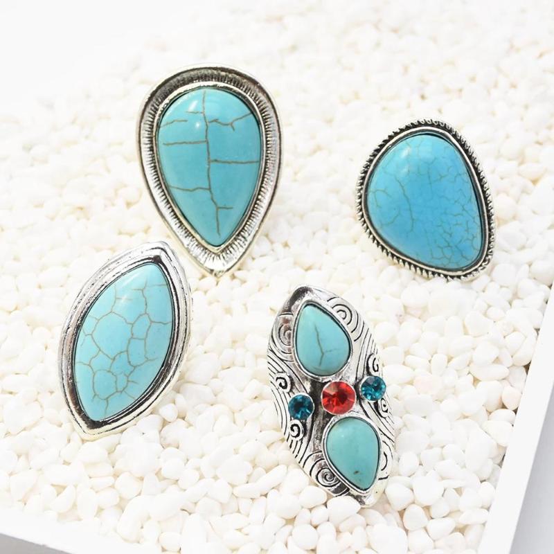 

Cluster Rings Gypsy Big Blue Stone Ring Tribal Vintage Silver Color Geometric Finger Adjustable For Women Bohemian Ethnic Anillos Jewelry