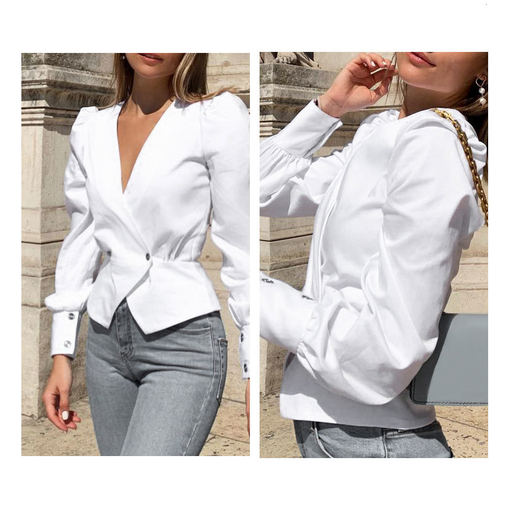 

2021 New Designer Irregular Elegant White Office Shirt Sexy Deep v Neck Sleeve Blouse Spring Vintage Tops Blusas Txsj
