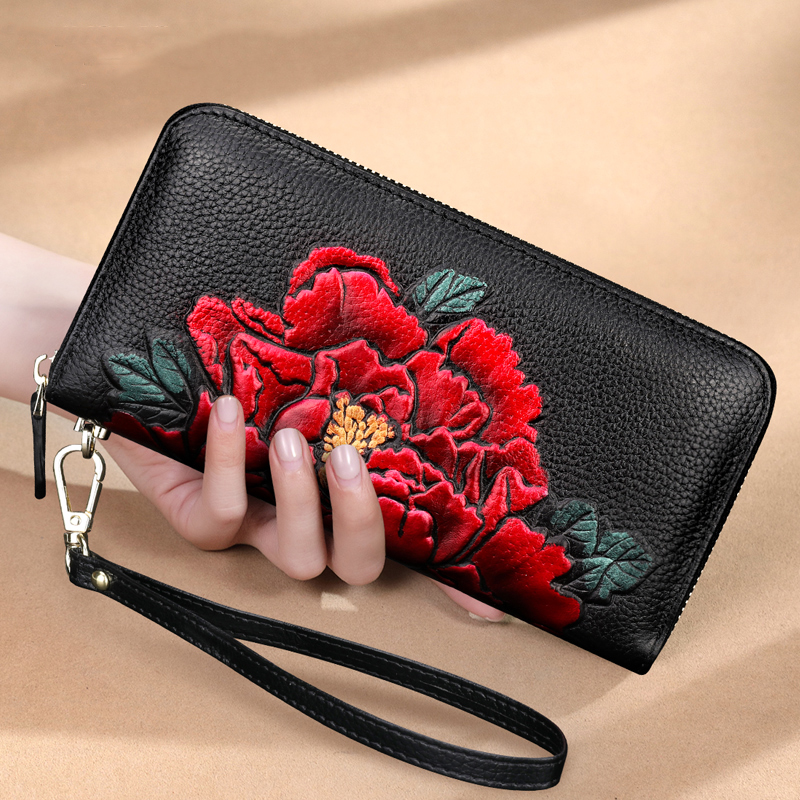 

Fashion Flower Printing Women Genuine Leather Clutch Purse Long Wristlet Phone Coin Phone Bag Wallets, Green flower