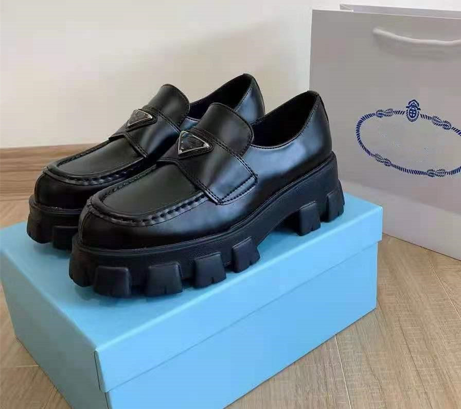 

[With Box] Women Shoes sports shoe Luxury Designer Brand Dress Shoe Metal Triangle Logo Monolith Brushed Leather Loafers Platform Heel Pointed and Round Toes EU35-40