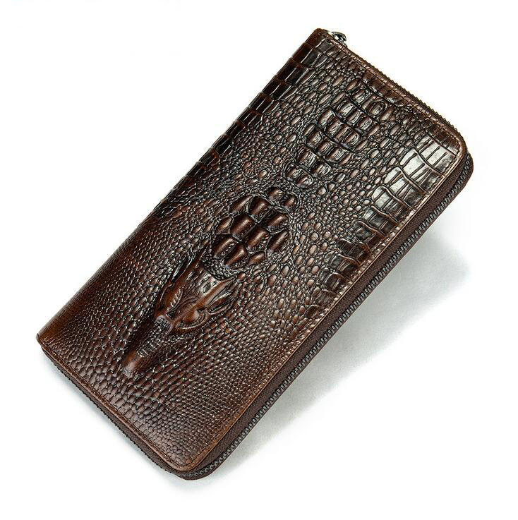 

Top quality Men's business genuine leather wallets coin purse calf leathers crocodile embossed long casual wallet 1529, Brown