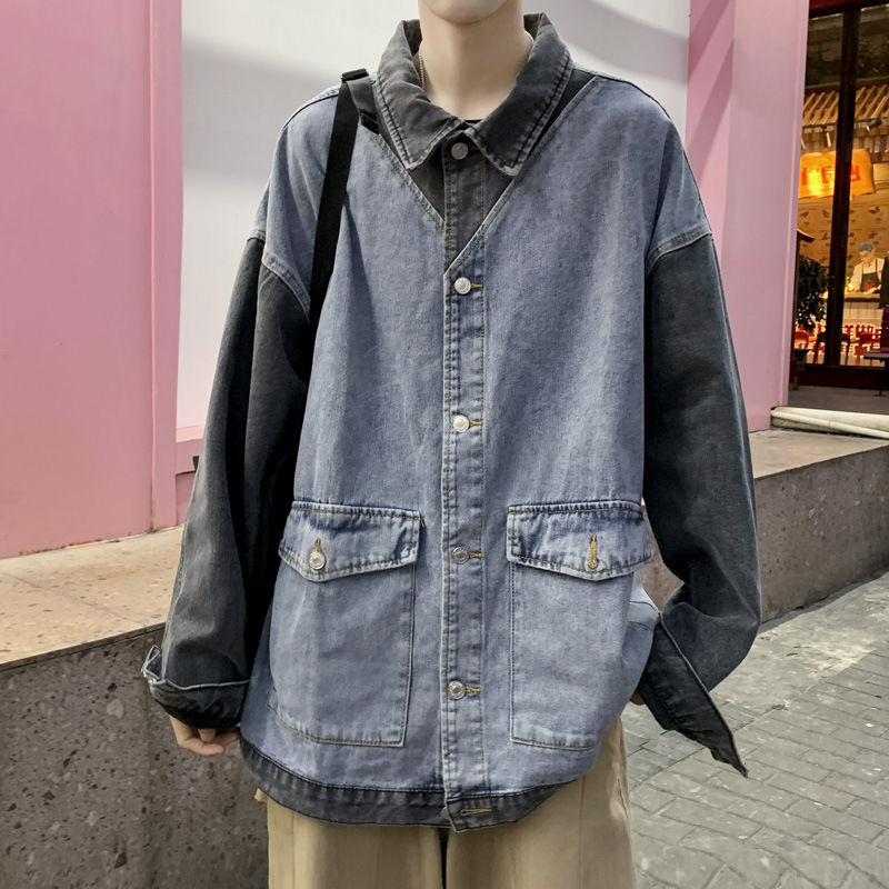 

2021 New Spring and Autumn Men's Fashion Casual Retro Contrast Denim Jackets Mens Streetwear Hip-hop Bomber Jacket Men 9vbp, Light blue