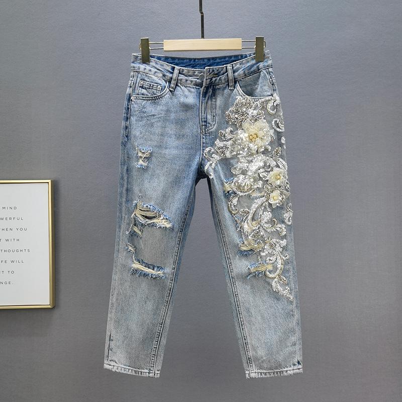 

Women's Jeans Ripped Cropped Female Trendy 2022 Spring Summer High Waist Loose Embroidery Beaded Light Blue Denim Pants Student Jean