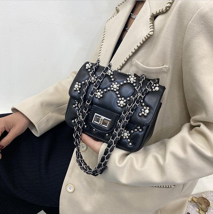 

Wholesale factory personalized rivet leather shoulder bags sweet lady pearl chain bag clamshell plaid fashion handbag street trend beaded women backpack, Red(boutique box)