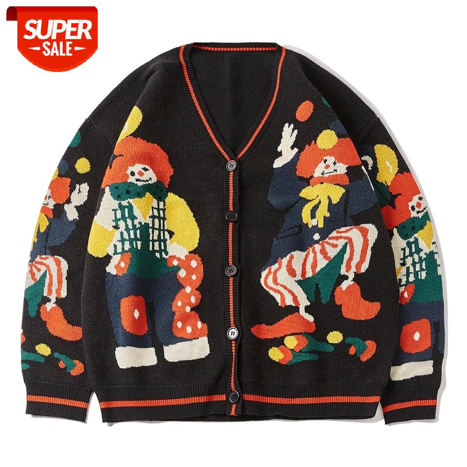 

2021 Funny Clown Print Knitted Cardigan Sweater Men Women Hip Hop Cotton Harajuku Sweater Oversize Streetwear Unsiex Knit Jumper #K15i, White;black