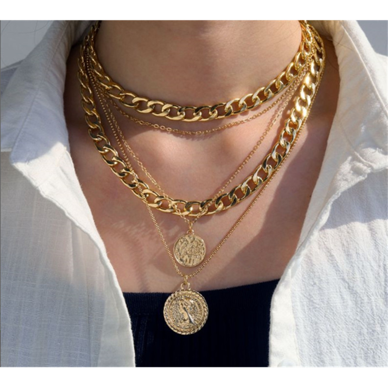 

YUTONG Punk Vintage Layered Portrait Coin Pendan Necklace Set Chunky Thick Cuban Link Chains Choker Necklaces For Women Jewlery, Silver