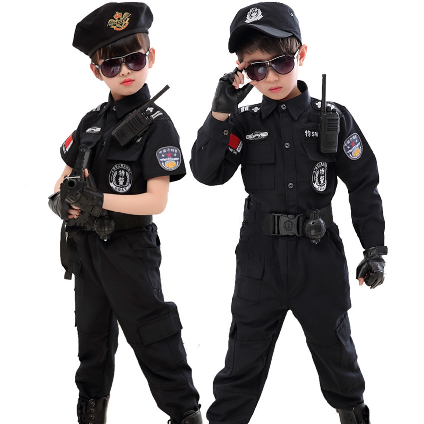 

2021 New Children Halloween Policeman Costumes Kids Party Carnival Police Uniform 110-160cm Boys Army Policemen Cosplay Clothing Sets Rolq, Short hard cap 6pcs