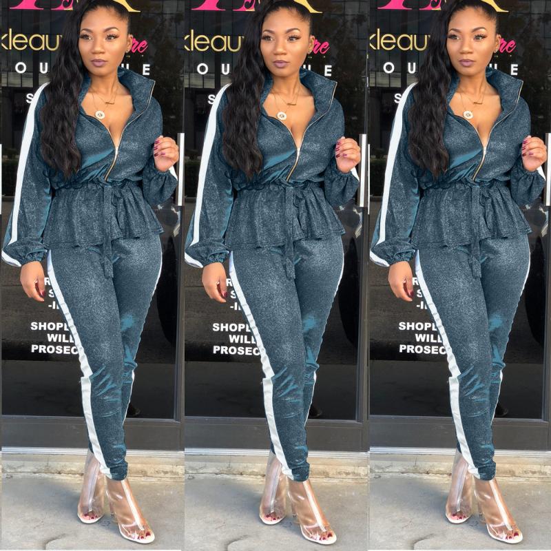 

Women' Two Piece Pants Solid Elastic Waist 2 Set Women Pant And Top Casual Hole Tracksuit Female Full Sleeve Matching, Blue