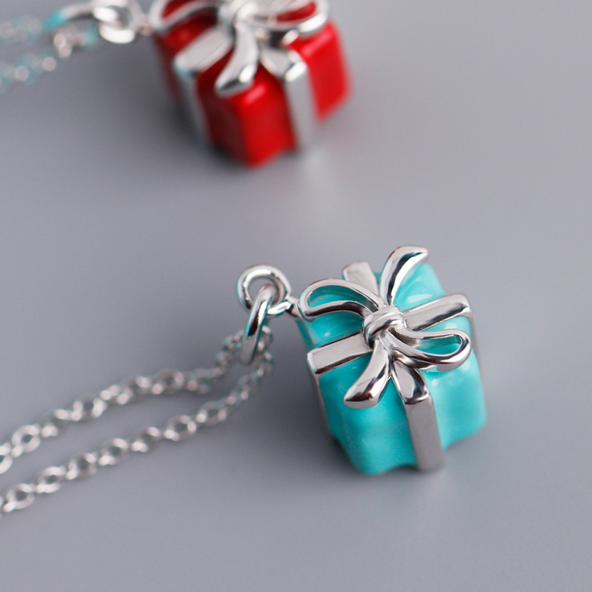 

New Blue Enamel Gift S925 Sterling Silver Women's Box Pendant Necklace 85SO