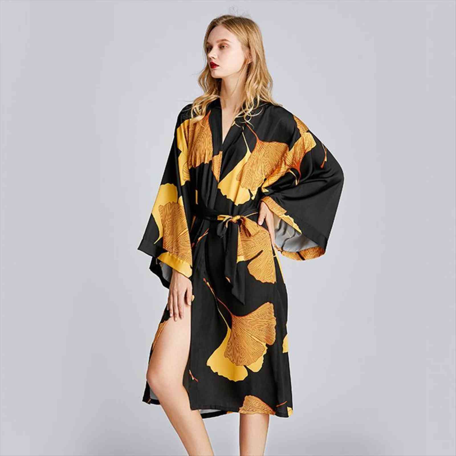 

black print nightwear kimono womens sleepwears robe casual nightdress intimate lingerie sleepwear nightgown silky home dressing gown, Black;red