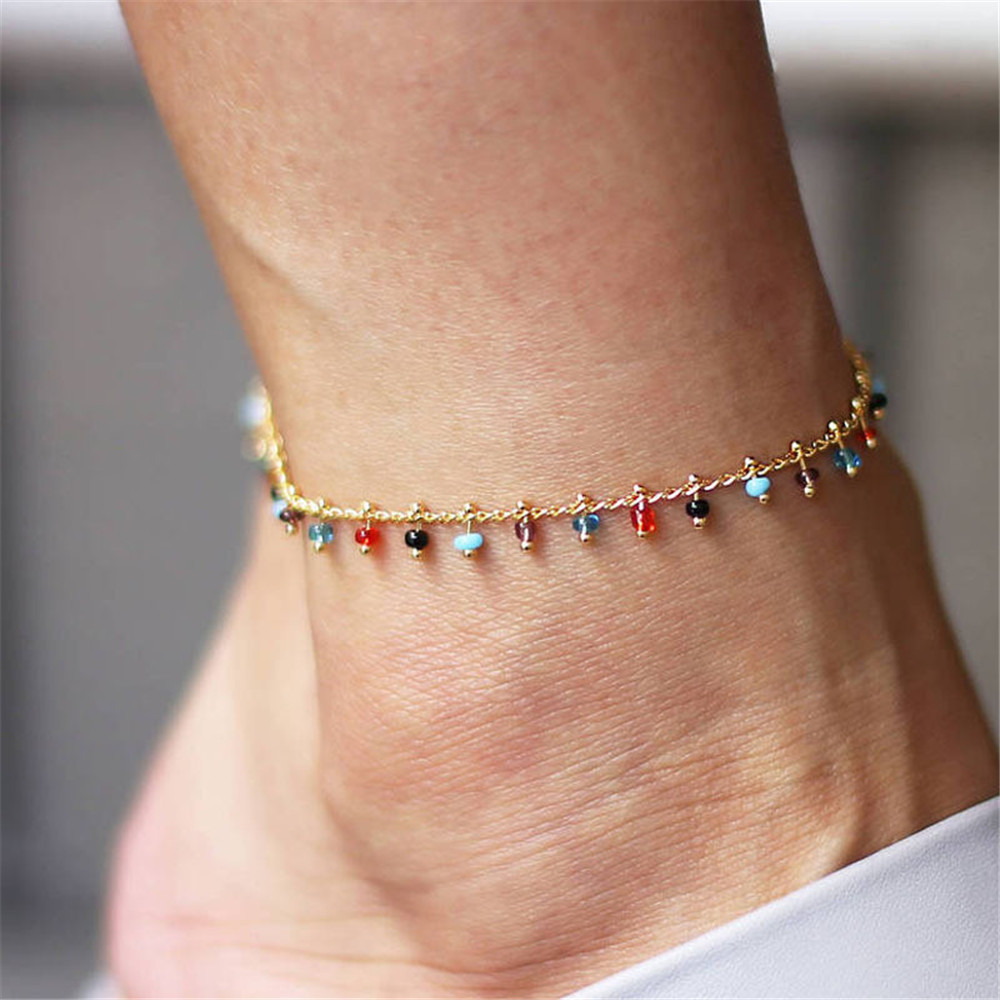 Colorful Bead Anklets Pendant with exquisite rice Bead Handmade Gold Chain women&#039;s bracelet 211563-image-706196121