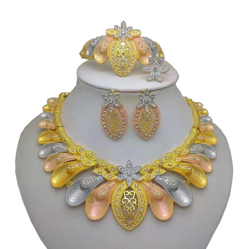 

Earrings & Necklace Kingdom Ma Trendy Elegant Tricolor Bracelet Ring Dubai Gold Jewelry Sets For Women Party Accessories, Silver