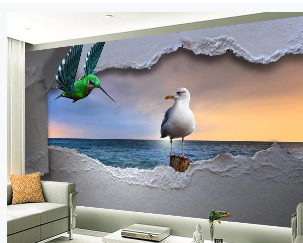 

European style 3d stereoscopic wallpaper sea three-dimensional flying bird sunset scenery wallpapers background wall, Blue