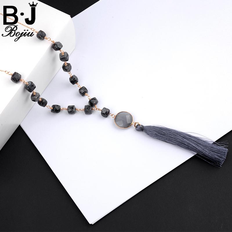 

Pendant Necklaces BOJIU Top Quality Necklace Natural Square Stone Grey Tassel Round Cable Chain Long Women NKS100