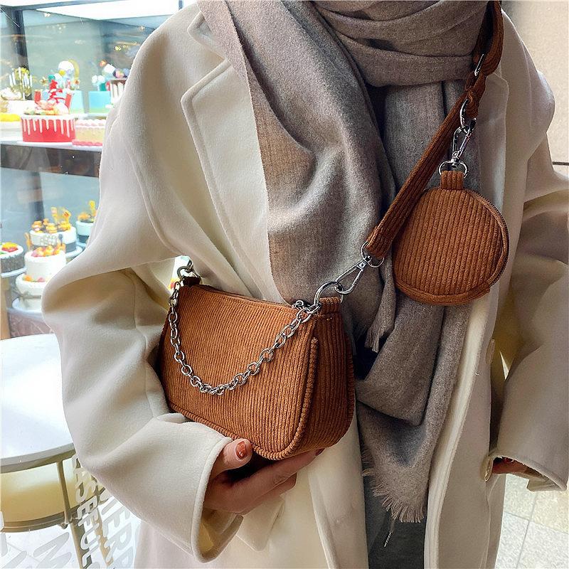 

Vintage Corduroy Crossbody Bags Designer Chains Handbags Luxury Lady Shoulder Bag Lady Small Flap Female Purses 2 Bags Set 2021, Black