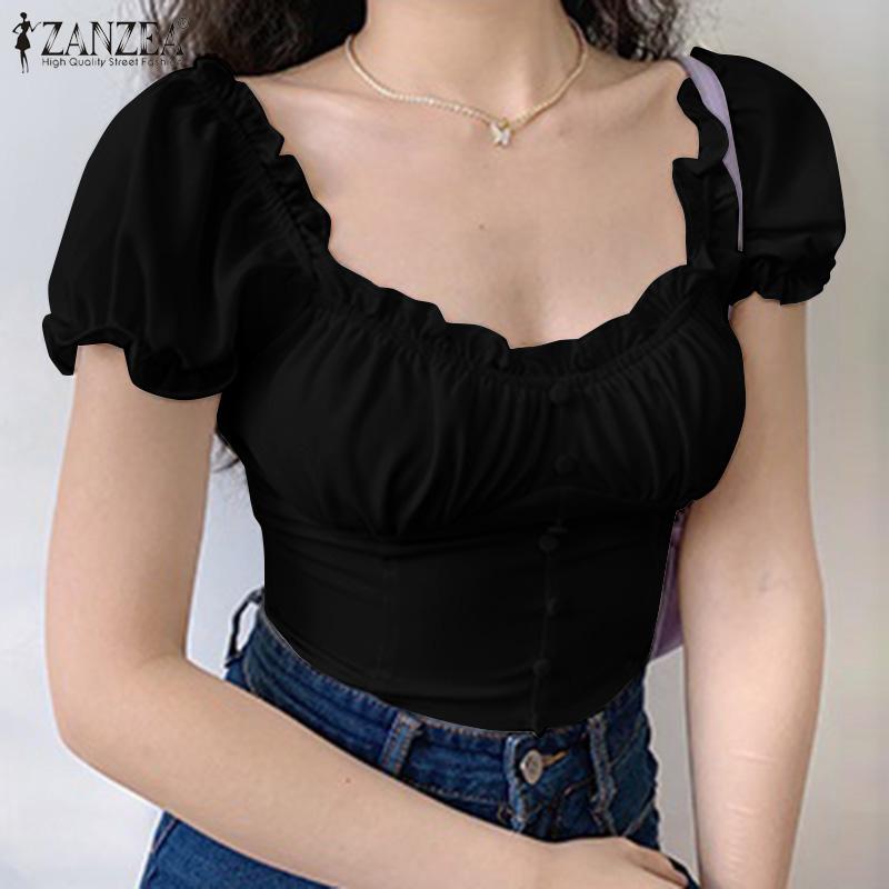 

Women' Blouses & Shirts Fashion Puff Sleeve 2022 Ruffle Tops Casual Summer Solid Button Tunic Female Pleated Chemise, Black