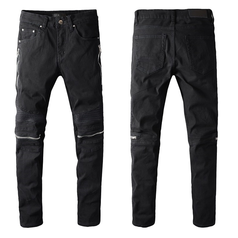 

Designer Long Slim Black Jeans High Quality Ripped Zip Open Knees Trousers Streetwear Pants for Men